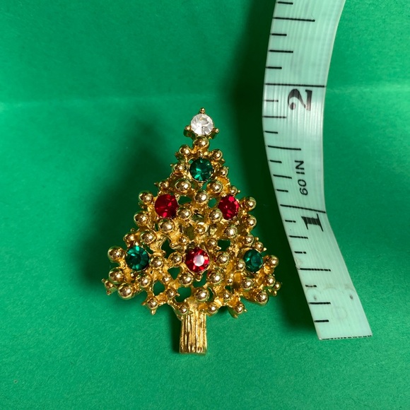 Vtg Christmas Tree Brooch jeweled Holiday Pin very sparkly gold ball design. - Picture 5 of 6